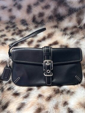 Coach Soho Black Leather Wristlet with Silver Buckle